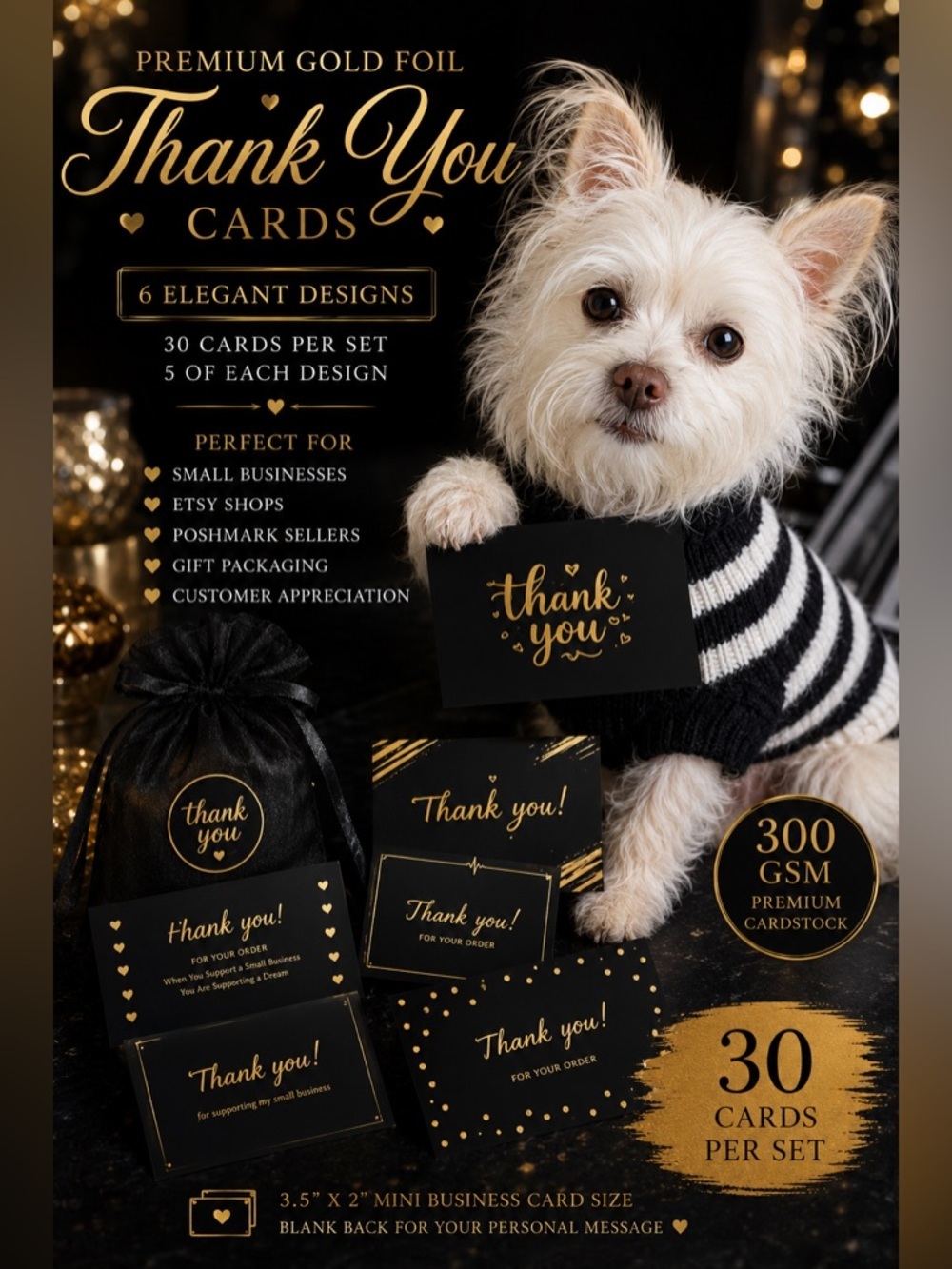 30 Gold Foil Thank You Cards | 6 Elegant Designs | Small Business Packaging